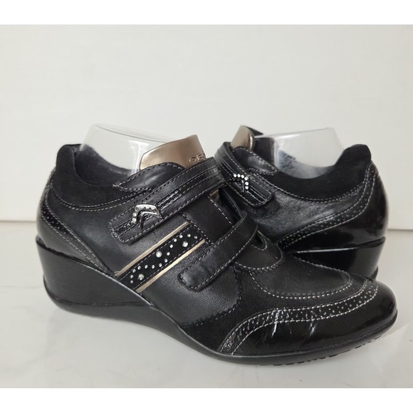 Geox Respira Sz 10 Leather  Sneakers Wedged Heel Womens Black D1387B‎ - Picture 12 of 15